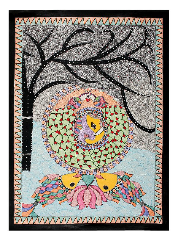 Pair of Peacocks and Fish with Tree | Madhubani Painting