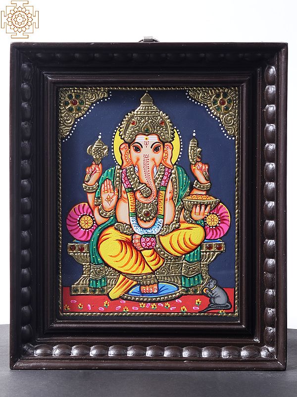 Chaturbhuja Lord Ganesha Seated on Throne | Tanjore Painting with Teakwood Frame