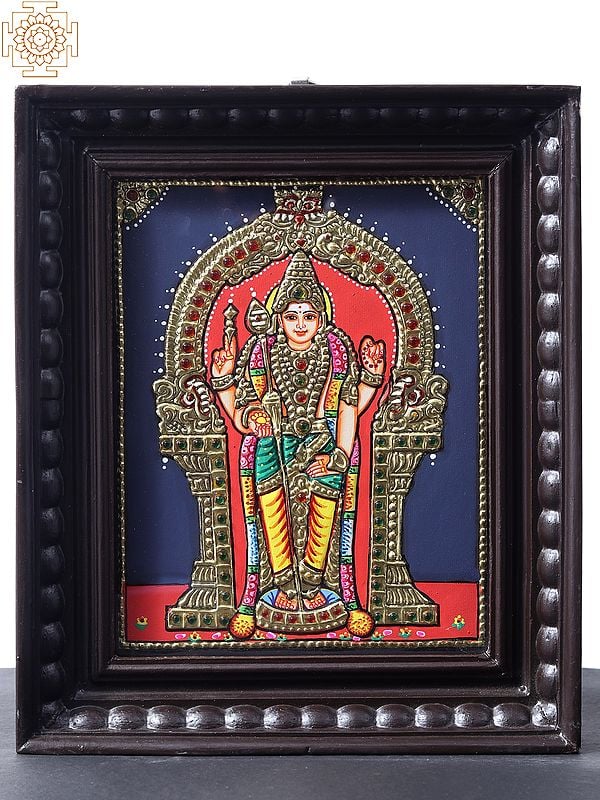 Standing Lord Murugan with Kirtimukha Prabhavali | Tanjore Painting | With Teakwood Frame