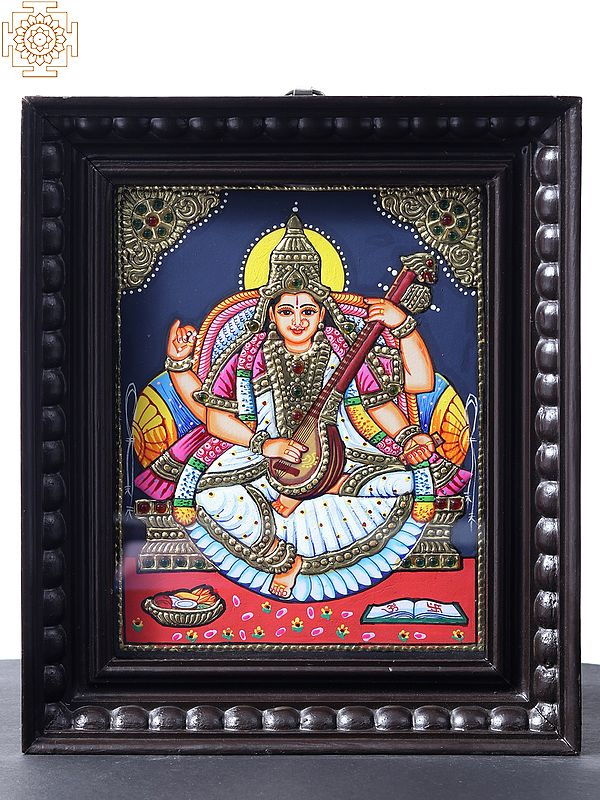 Devi Saraswati - Goddess of Knowledge Tanjore Painting with Teakwood Frame