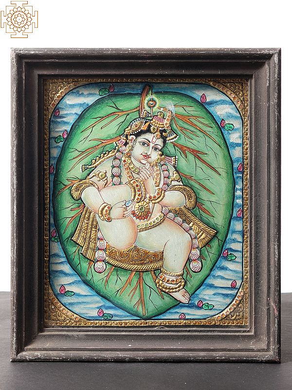 Vintage Vatapatra-Shayi Krishna Tanjore Painting with Teakwood Frame