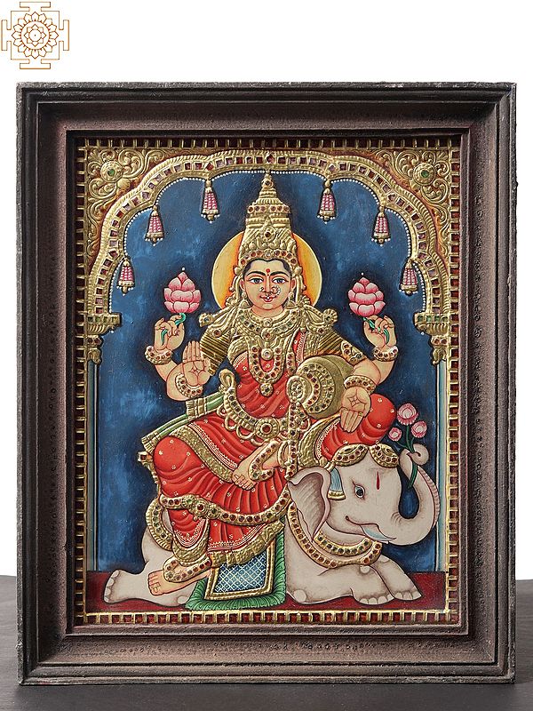 Goddess Gajalakshmi Vintage Tanjore Painting with Teakwood Frame