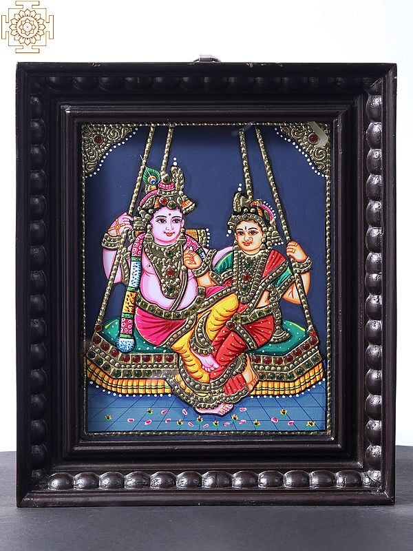 Radha Krishna on Swing Antique Style Tanjore Painting - With Teakwood Frame