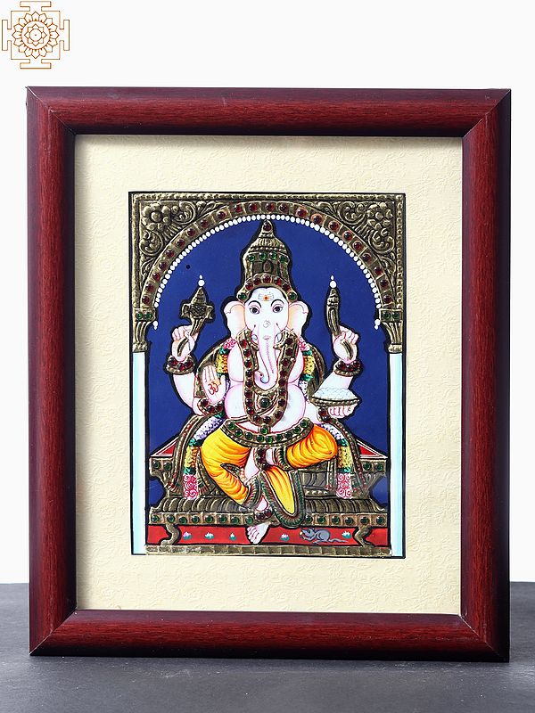 Sitting Four Armed Lord Ganesha | Tanjore Painting with Frame