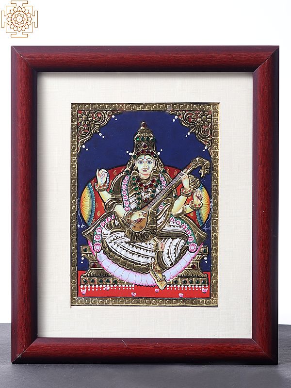 Four-armed Goddess Saraswati Tanjore Painting with Frame