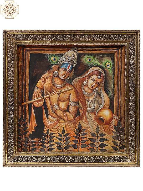 Fluting Krishna with Radha Painting | Carved Floral Frame