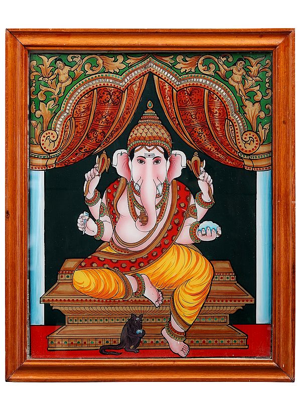 Chaturbhuj Ganesha Glass Painting with Wooden Frame