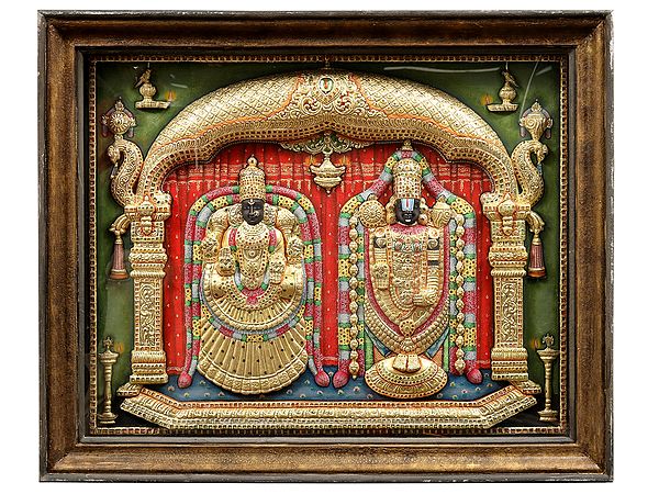 Lord Balaji and Goddess Padmavathi Embossed Tanjore Painting with Teakwood Frame