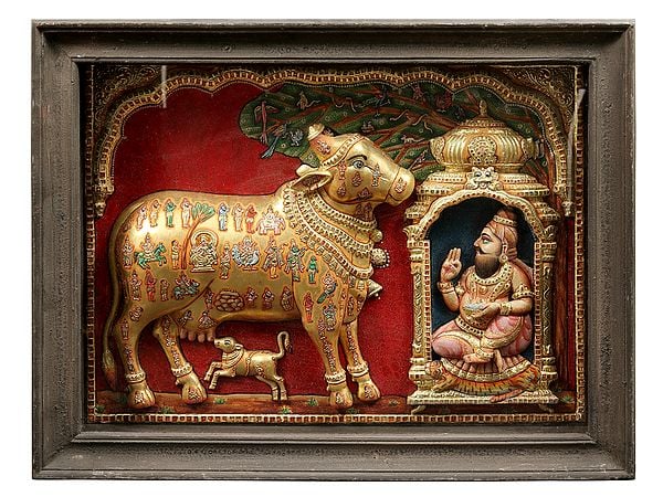 Kasyapa Worshipping Kamdhenu | Embossed Tanjore Painting with Teakwood Frame
