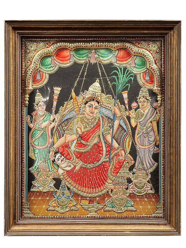 Goddess Rajarajeshwari Tanjore Painting with Teakwood Frame