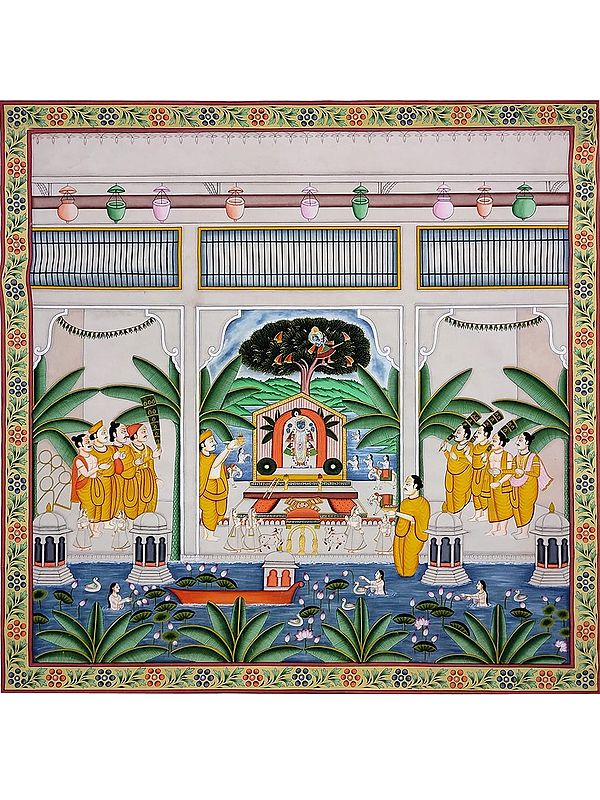 Hindu God Shrinathji Being Worshipped | Pichwai Art
