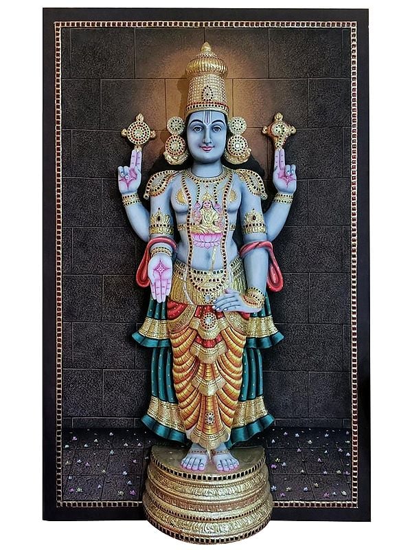 Standing Lord Perumal Tanjore Painting (Vishnu) with Devi Lakshmi | Super Embossed 3D Face Work | With Frame