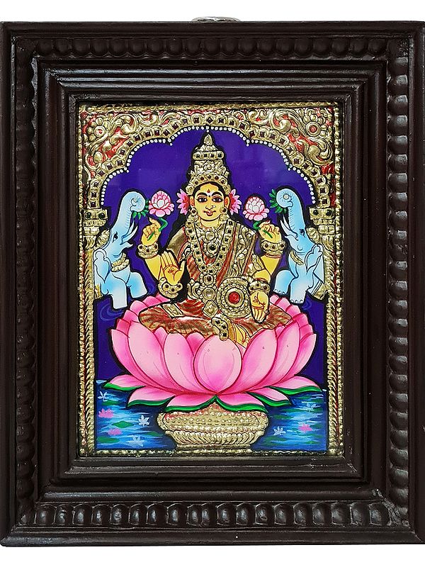 Goddess Gajalakshmi Tanjore Painting with Wooden Frame