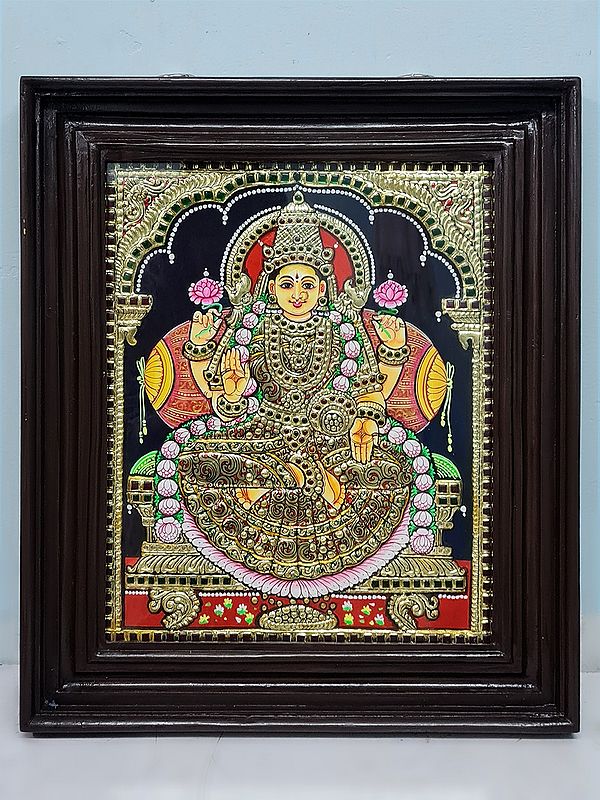 Seated Goddess Lakshmi Tanjore Painting with Wooden Framed