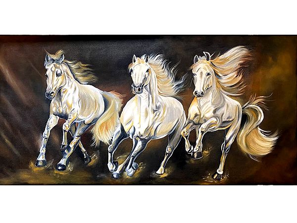 Three Running White Horses | Oil Painting by Asha Gami