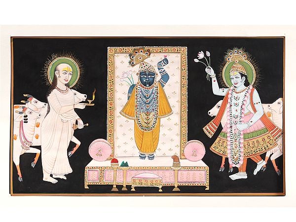 Shrinathji with Yamunaji and Mahaprabhuji | Watercolor on Paper