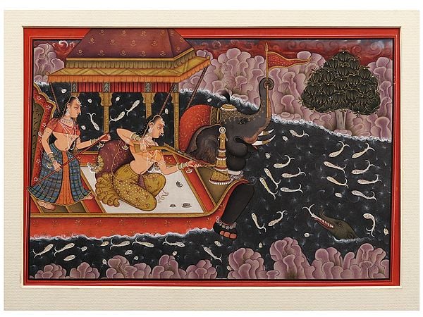 Two Mughal Ladies Hunting Crocodile | Watercolor on Paper