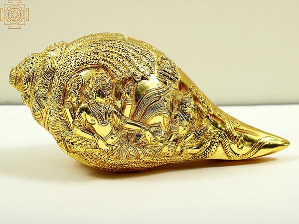8" Lord Vishnu with Goddess Lakshmi Designer Conch in Brass