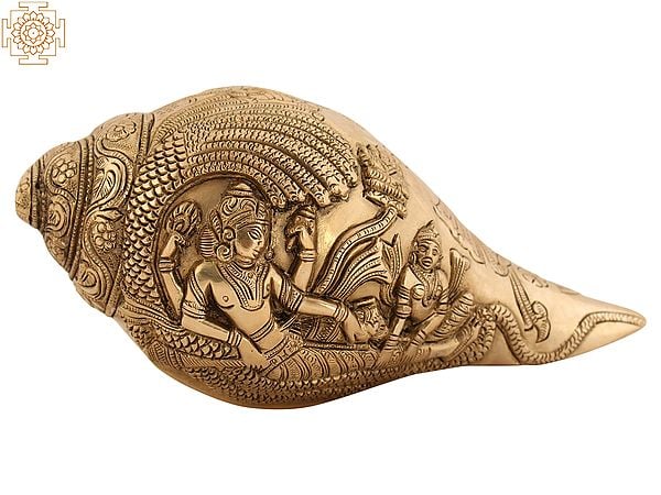 8" Lord Vishnu with Goddess Lakshmi Designer Conch in Brass