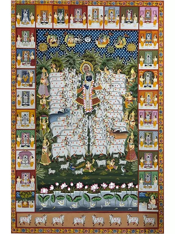 Shrinathji Among Cows and Devotees | Pichhwai Painting on Cotton by Dheeraj Munot