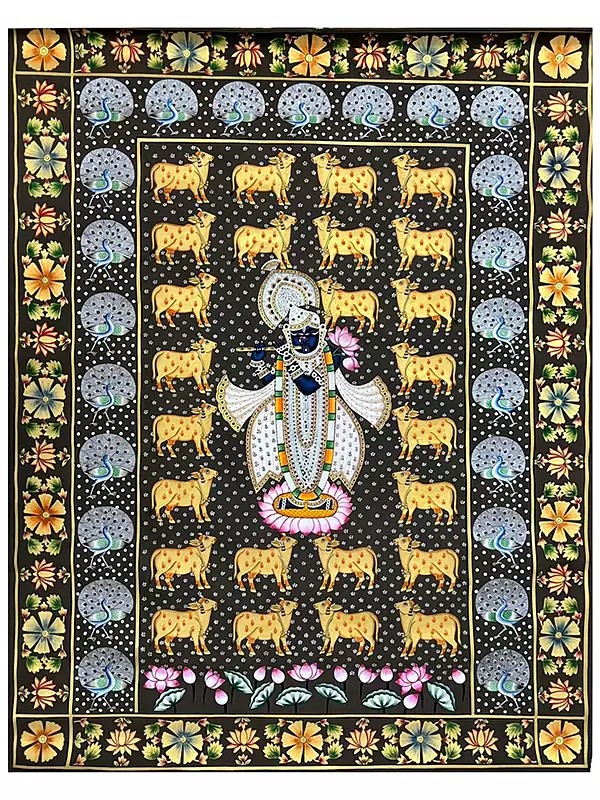 Shrinathji with Cows and Peacocks Pichwai Painting on Cotton | By Dheeraj Munot