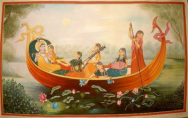 Krishna and Radha Boating on the Yamuna with Gopis