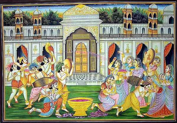 Krishna, Radha and companions play Holi