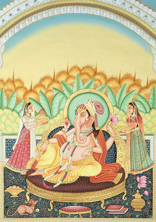 Lord Ganesha in Pagdi with Riddhi and Siddhi