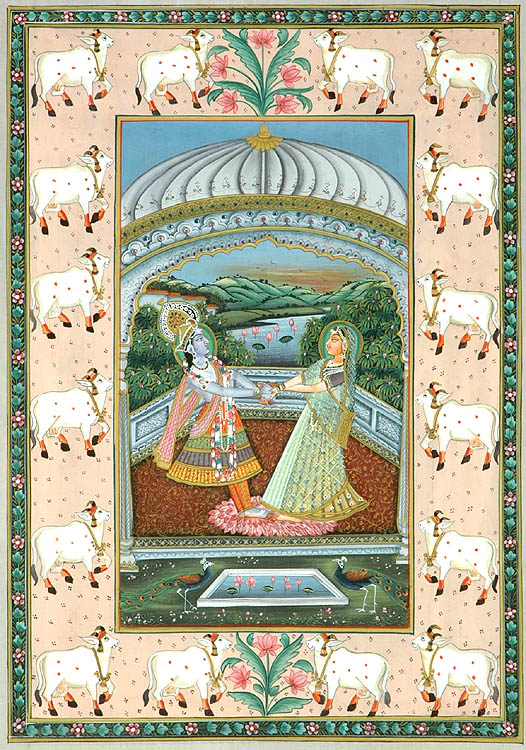 On a Cushion of Lotuses, Radha and Krishna Dance Framed by Cows