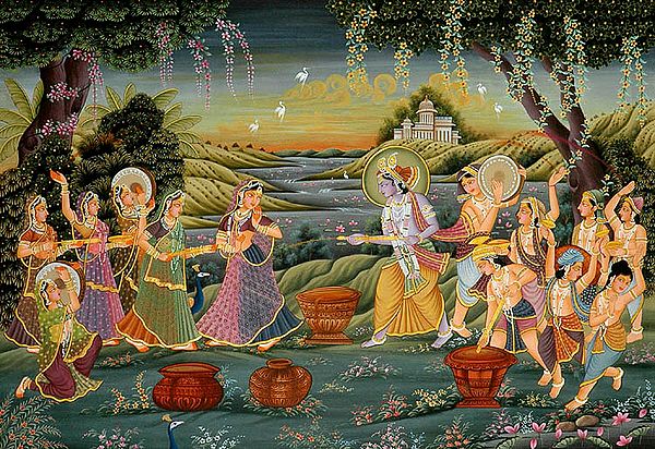 Radha and Krishna Play Holi with Companions