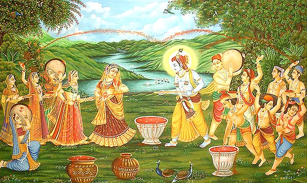 Krishna, Radha and Companions Play Holi