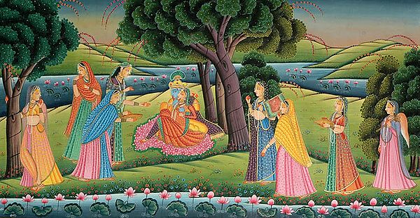 Radha Krishna Seated on a Bed of Lotuses