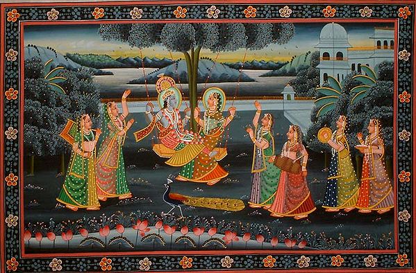 Radha Krishna Swinging in the Company of Gopis