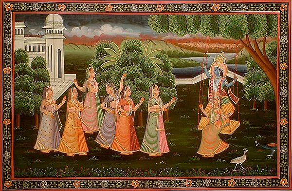 Radha Krishna Swinging in the Company of Gopis