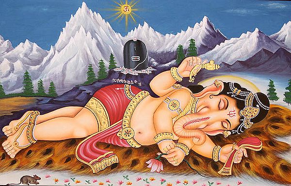 Relaxing Ganesha Against the Backdrop of Shiva Linga in Kailash