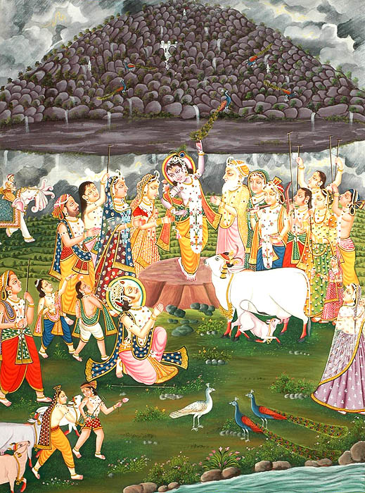 The Gopas Help Krishna Lift The Mount Goverdhana by Using Their Sticks as Props