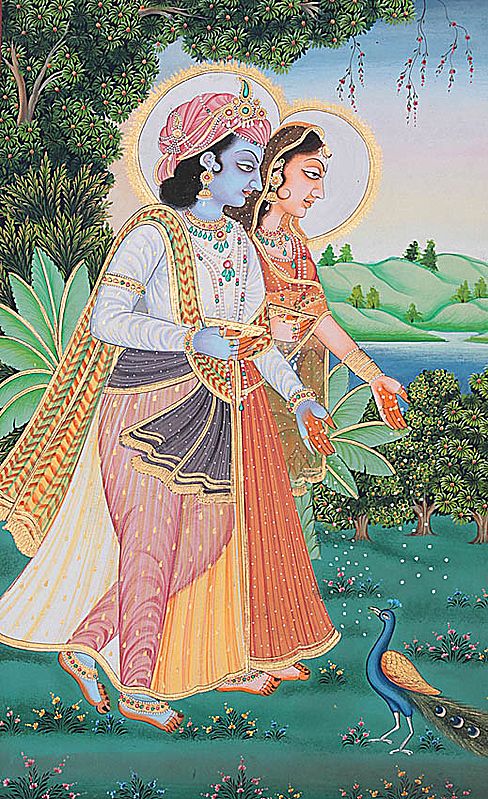 Radha Krishna Feeding Their Beloved Peacock