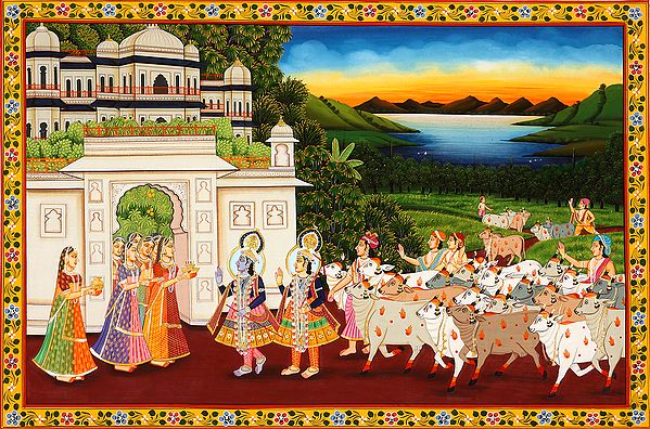 Gopis Welcome Krishna, Balarama and their Mates in the Evening