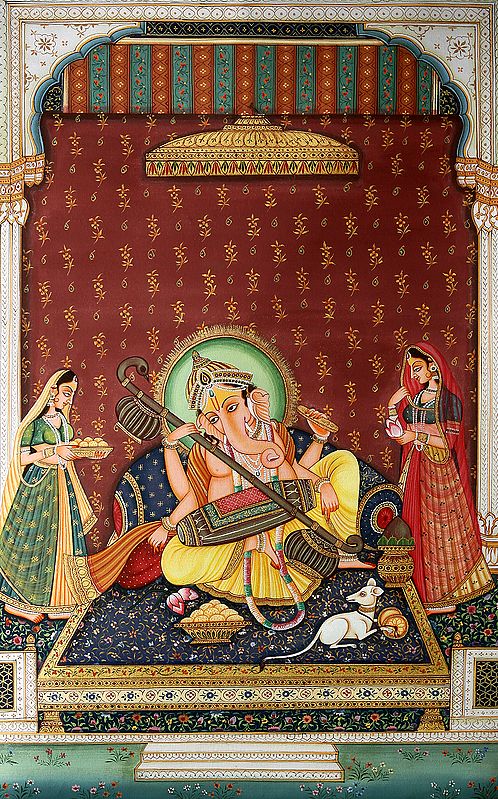 Lord Ganesha Playing Mridangam and Veena for Riddhi and Siddhi