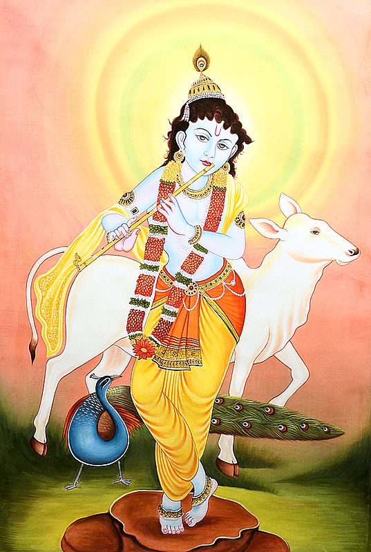Murali Krishna with His Cow and Peacock