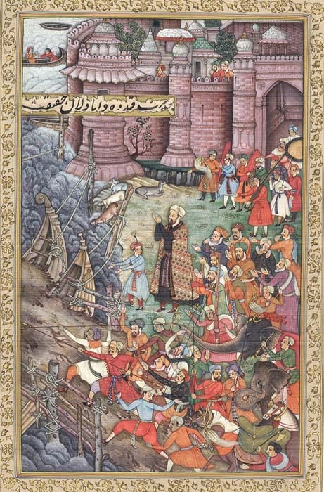 Akbar Restrains Hawaai, and Enraged Elephant, and Spectators