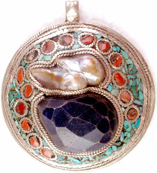 Antiquated Turquoise Coral Pendant with Pearl and Iolite Tumble