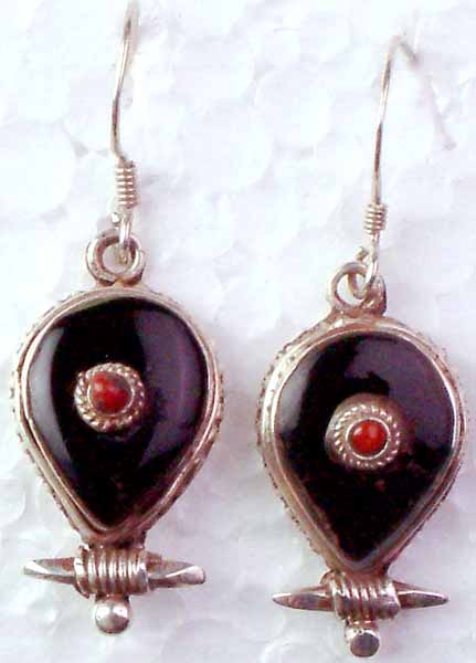 Black Onyx Inlay Earrings with Coral