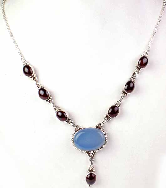 Blue Chalcedony and Garnet Necklace