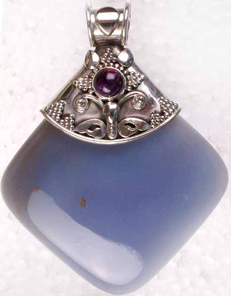 Blue Chalcedony Pendant with Garnet