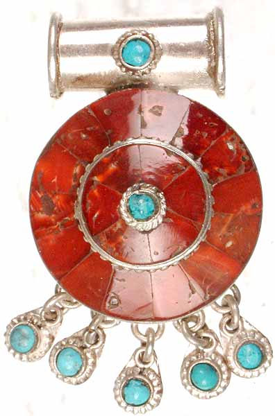 Coral Inlay Pendant with Dangling Turquoise