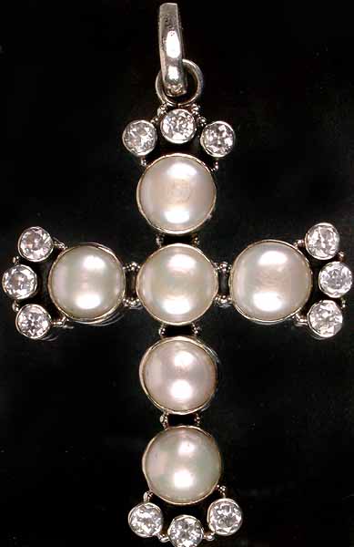 Cross Pendant of Shell and Cubic Zirconia