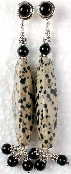 Designer Earrings of Dalmation Jasper and Black Onyx