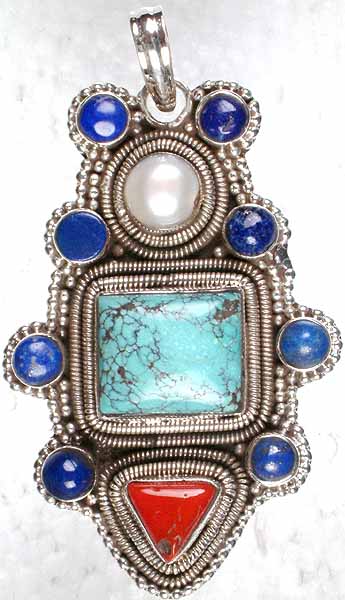 Designer Pendant of Turquoise, Coral and Lapis Lazuli