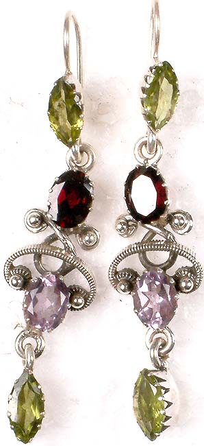 Earrings of Faceted Peridot, Garnet and Amethyst
